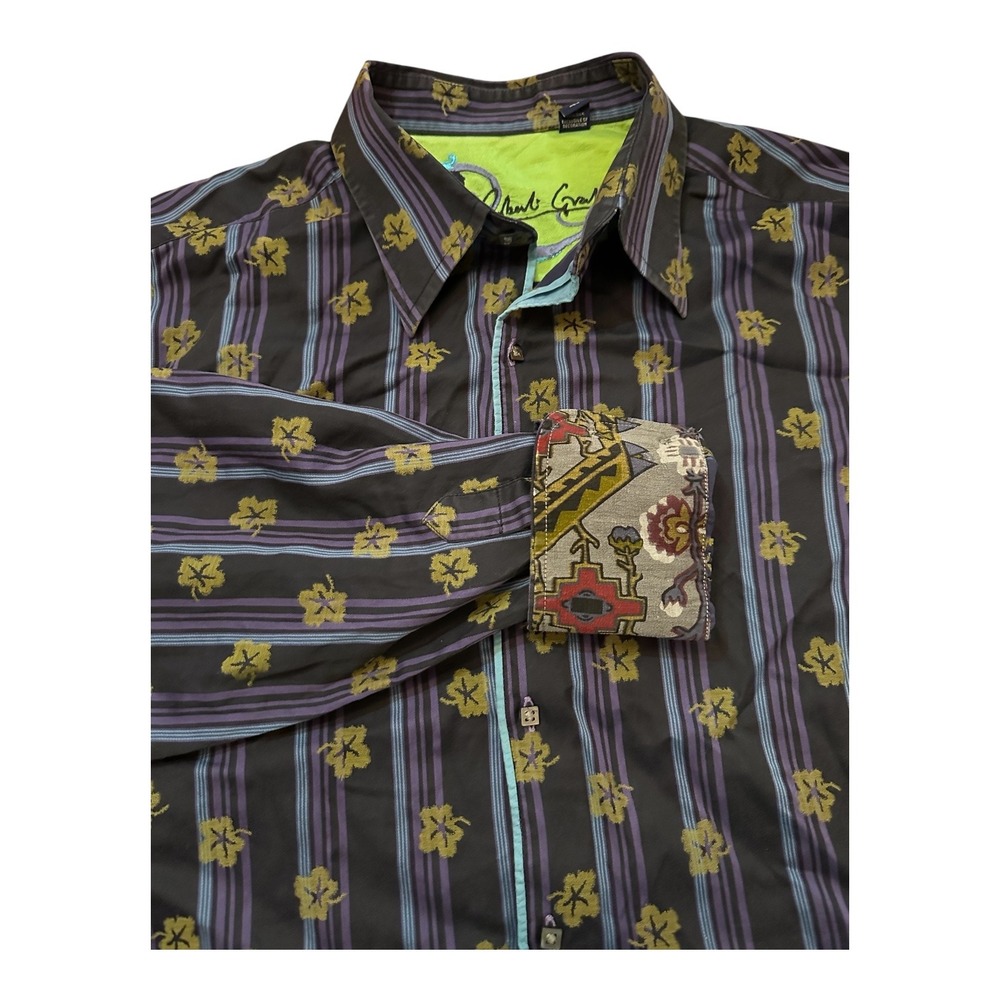 Robert Graham Mens Dress Shirt Large Contrast Cuff Floral Silk Trim Button Up